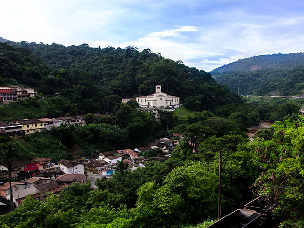 Foto em plno aberto da paisagem de João Monlevade com uma igreja, diversas casas, morros e muitas árvores com grandes copas verdes.