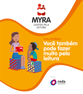 Capa do caderno Myra para voluntário com a ilustração de uma mulher lendo para uma criança.