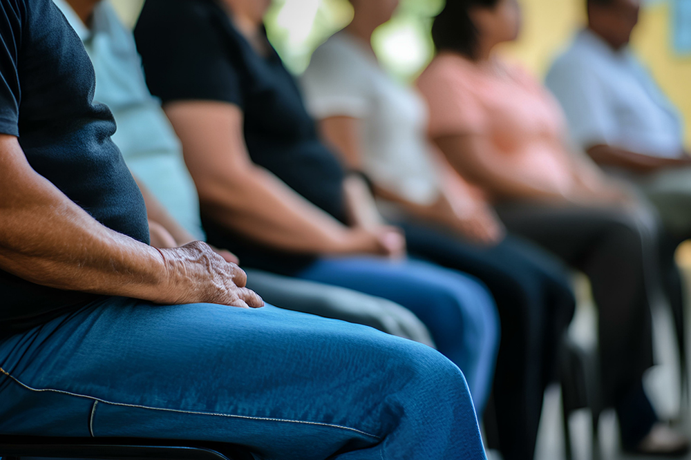 Foto desfocada de pessoas diversas dispostas em cadeiras lado a lado. Elas aparecem do tronco para baixo.