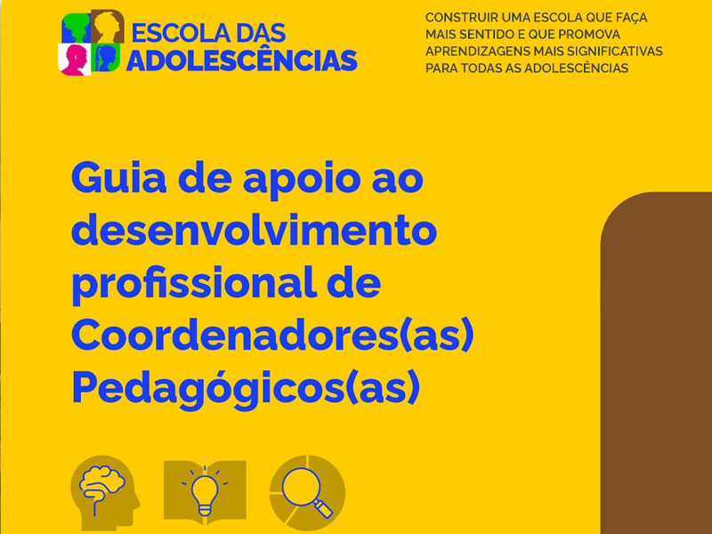 Capa do Guia de apoio ao desenvolvimento profissional de Coordenadores(as) Pedagógicos(as) com fundo amarelo e escrita em azul.