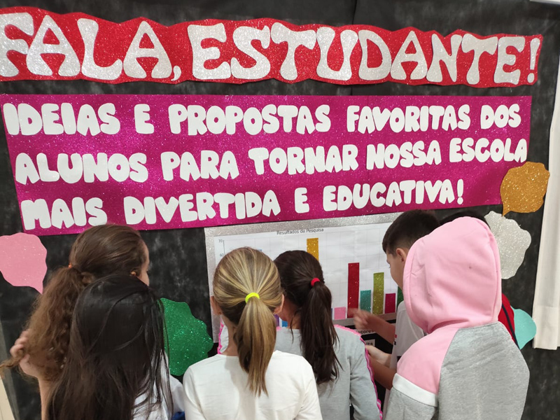 Foto de um grupo diverso de adolescentes de costas. Eles olham para um cartaz com o texto: "Fala, estudante. Ideias e propostas favoritas dos alunos para tornar nossa escola mais divertida e educativa".