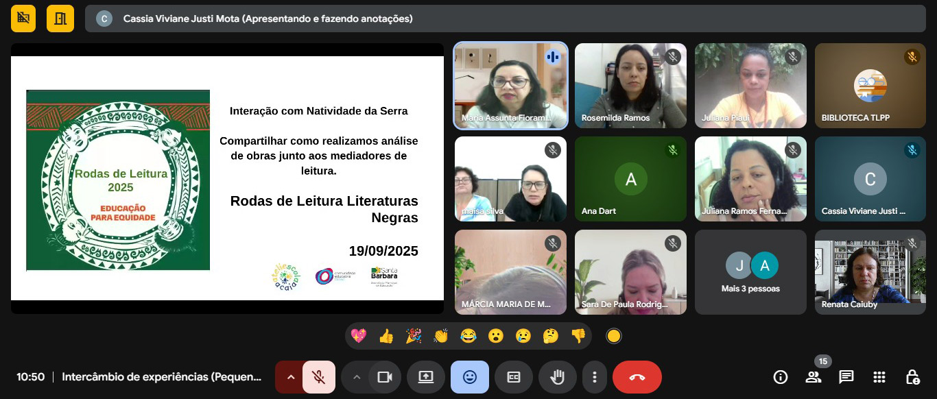 Print da tela de uma chamada de vídeo. Há uma apresentação na tela com os dizeres "Rodas de Literaturas Negras" e, ao lado, o rosto de diversas mulheres.