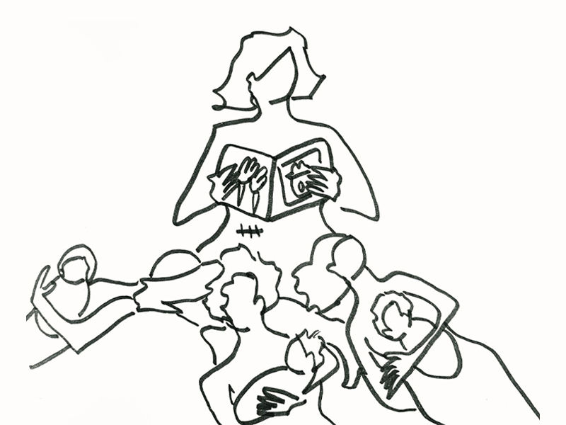 Desenho de mulher sentada com um livro na mão. Ao redor dela há mulheres diversas com bebês em seus braços.