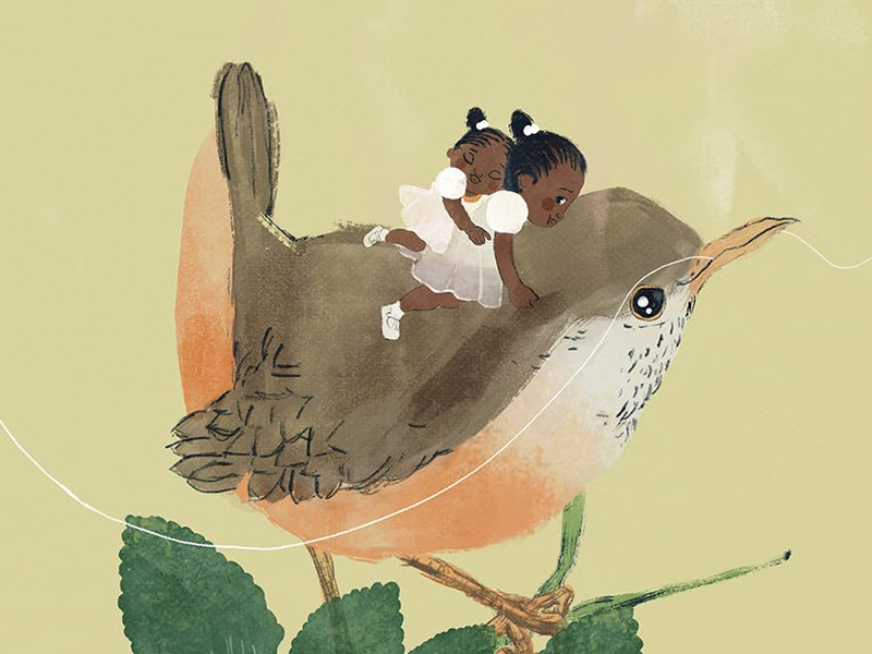 Ilustração de duas meninas negras montadas sobre um passarinho em tamanho grande, maior que elas, que está sore um galho de uma planta.