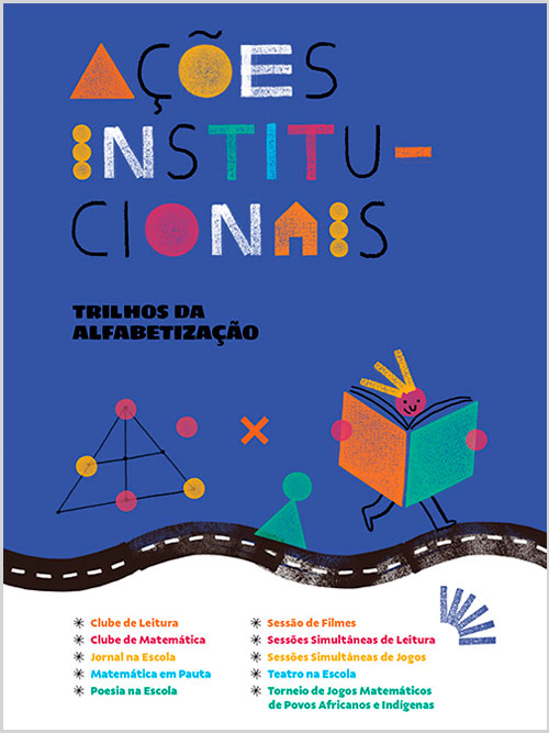 Capa do caderno de Ações Institucionais, com fundo azul e escrita em fontes coloridas.